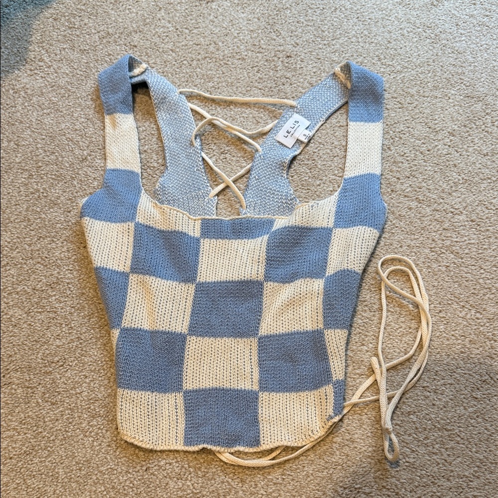 Le Lis Blue and Cream Checkered Tank Top